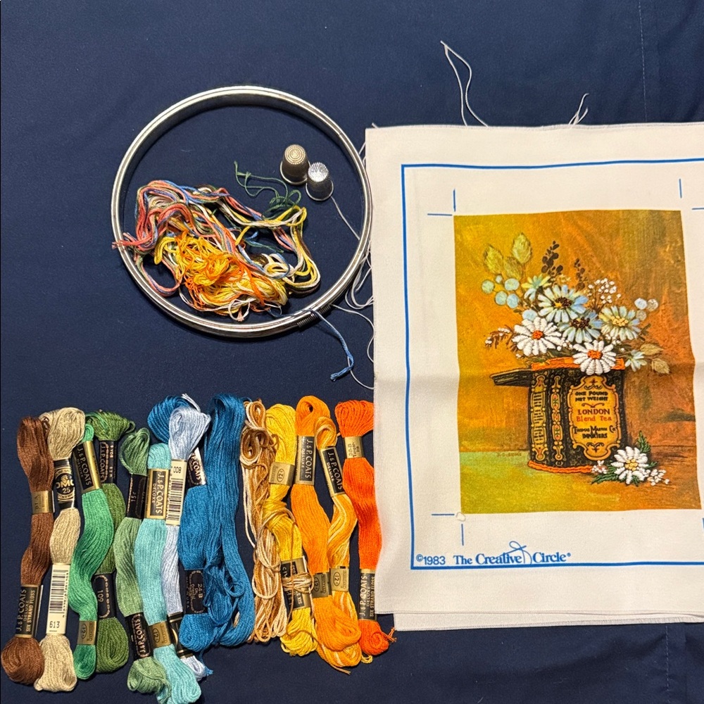 Floral Embroidery Kit - Blue, Orange, Brown